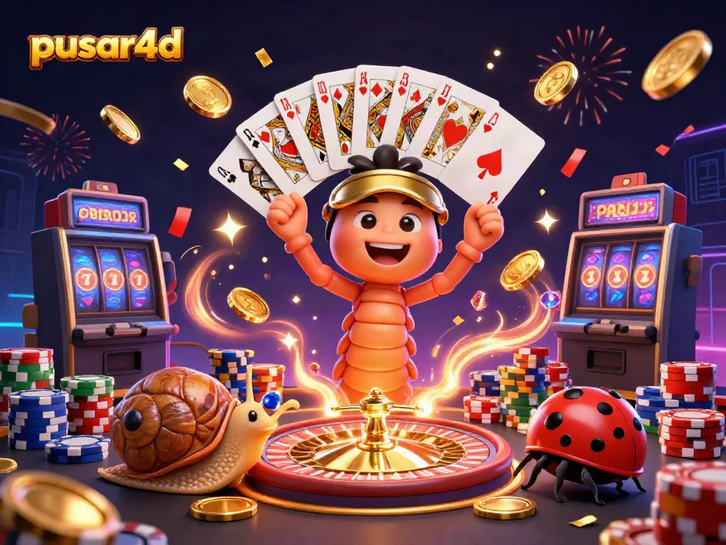 Experience the excitement of pusar4d with dynamic characters and casino elements in a vibrant 3D illustration.