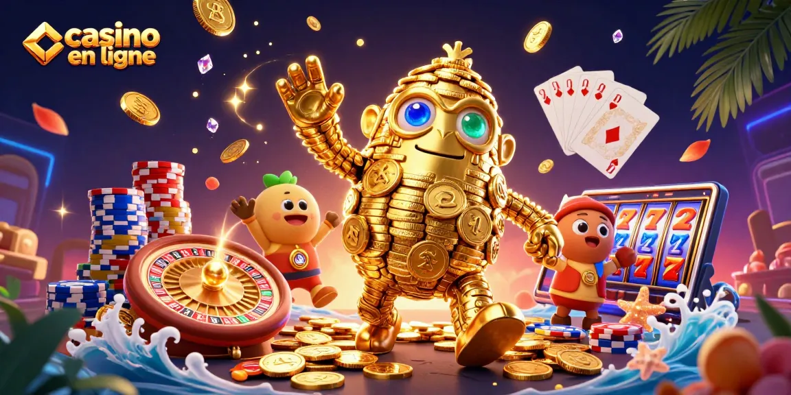 Gagnez en jouant au casino en ligne avec une scène animée de pièces d'or et de jeux de roulette.