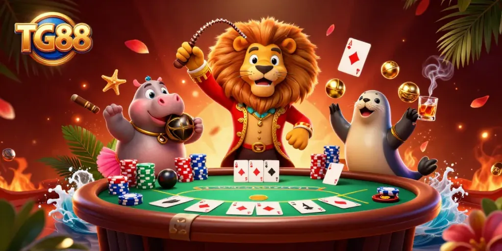 Engage with TG88 gameplay excitement through this vibrant illustration showcasing circus-themed casino excitement.
