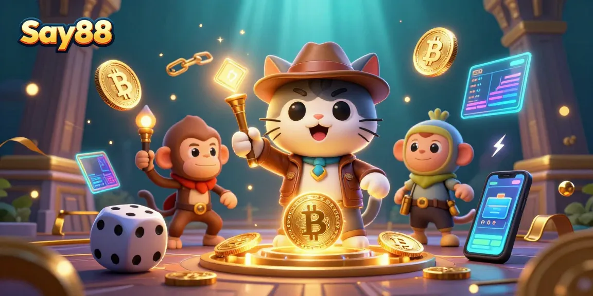 Experience thrilling gameplay at Say88 with a cat explorer discovering golden casino artifacts.