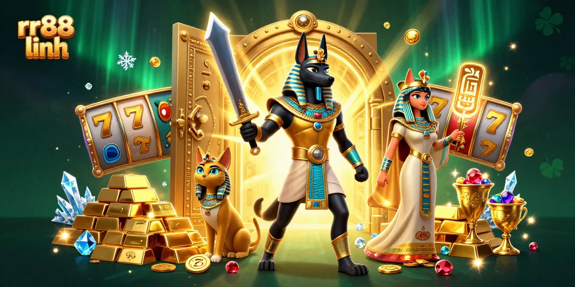 Win big at rr88 linh with a vibrant casino scene featuring ancient Egyptian warriors and slot game elements.