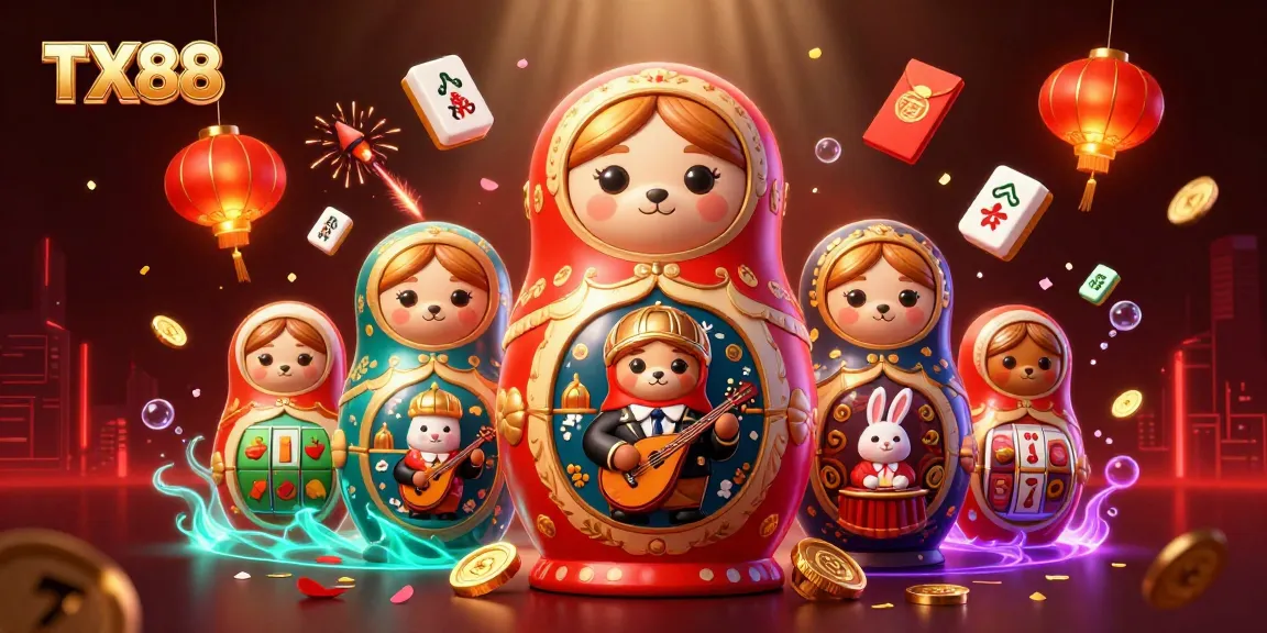 Engage with TX88 in this vibrant 3D casino illustration featuring a playful Matryoshka bear and immersive elements.