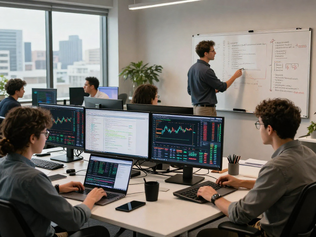 Real-time analysis in a tech workspace showcasing US stock fundamental data API, vibrant trading environment with developers interacting.