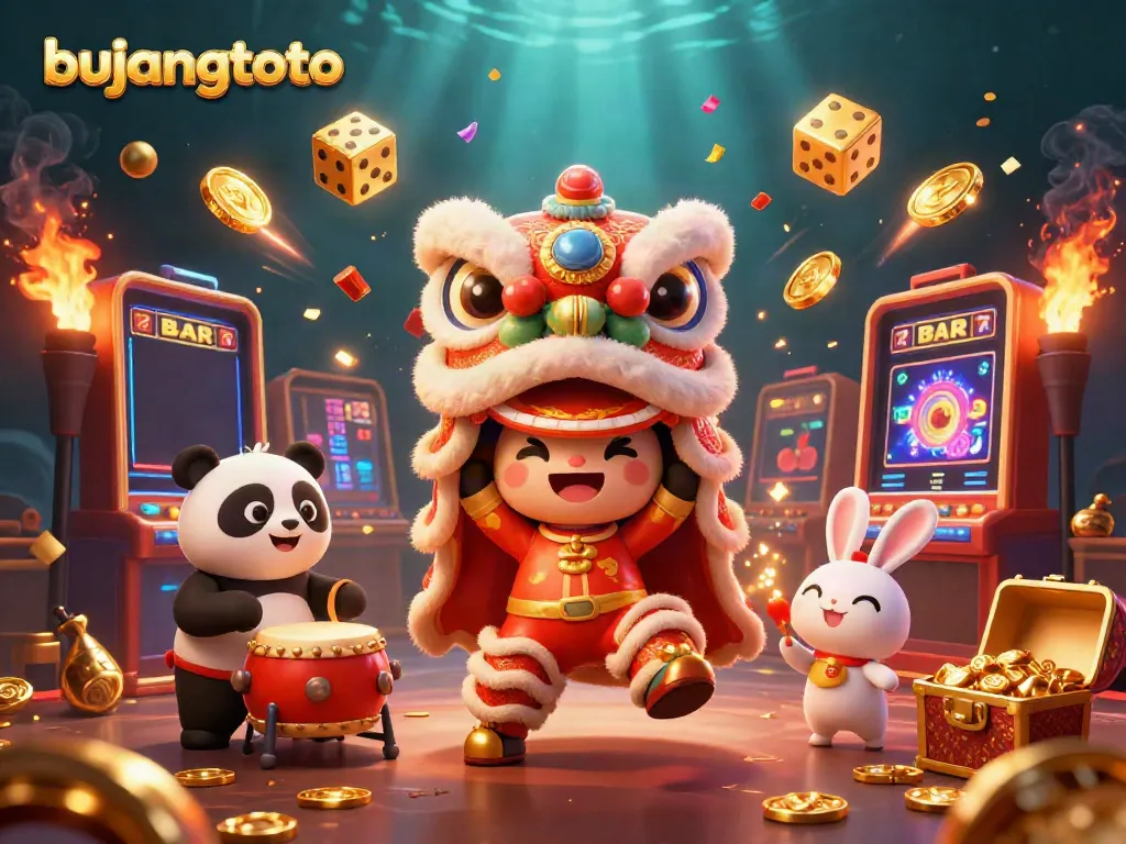 Experience the excitement of bujangtoto with a vibrant scene of a lion dance, slot machine, and gold treasures.