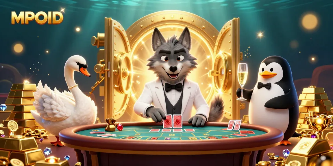 Experience the thrill of MPOID as the wolf, swan, and penguin celebrate wins at a casino table.