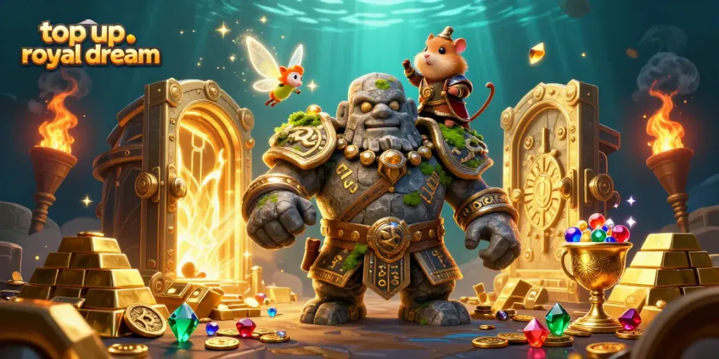 Top up royal dream dengan koin berkilauan dari golem dan peri di dalam modal game.