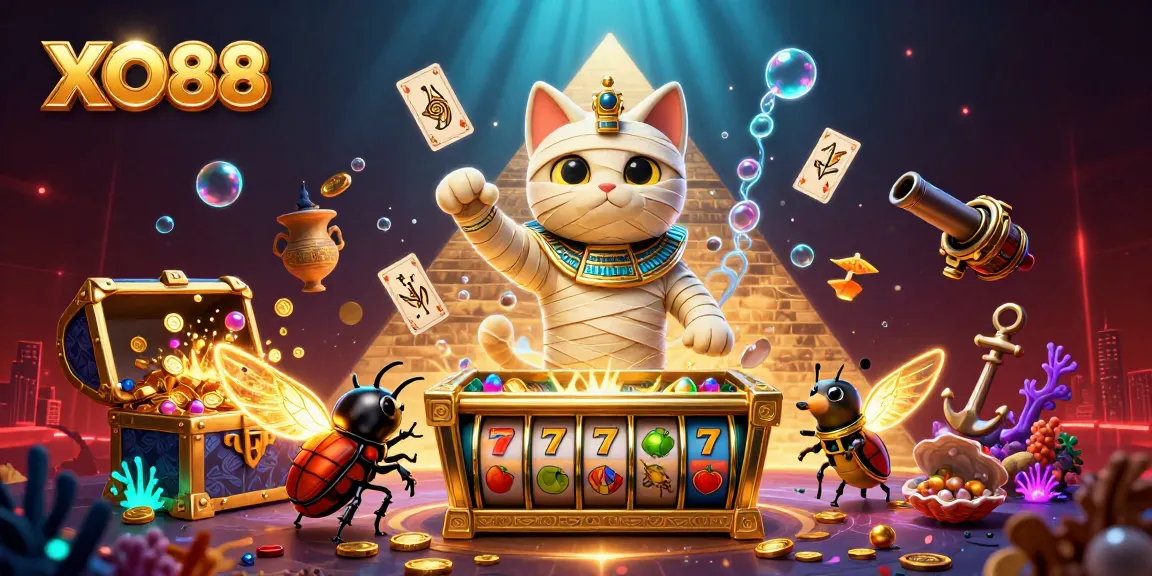 Engage with exciting XO88 gameplay featuring a mummy cat, gold treasures, and vibrant casino elements.