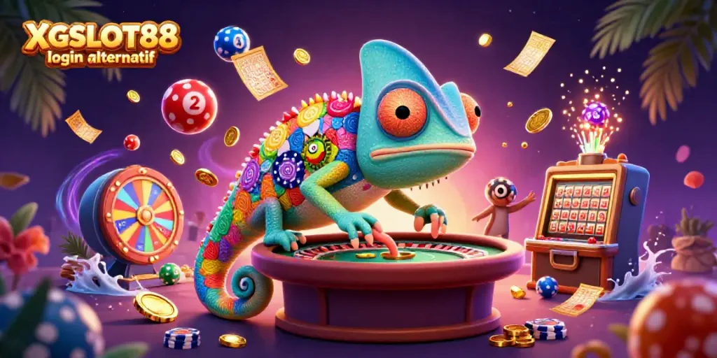 Visualisasi XGSLOT88 login alternatif dengan chameleon pemilik kasino berwarna-warni dan elemen permainan menarik.