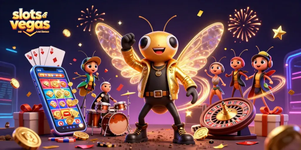Engage with the slots of vegas no deposit bonus in an energetic casino scene with a cicada rock star.