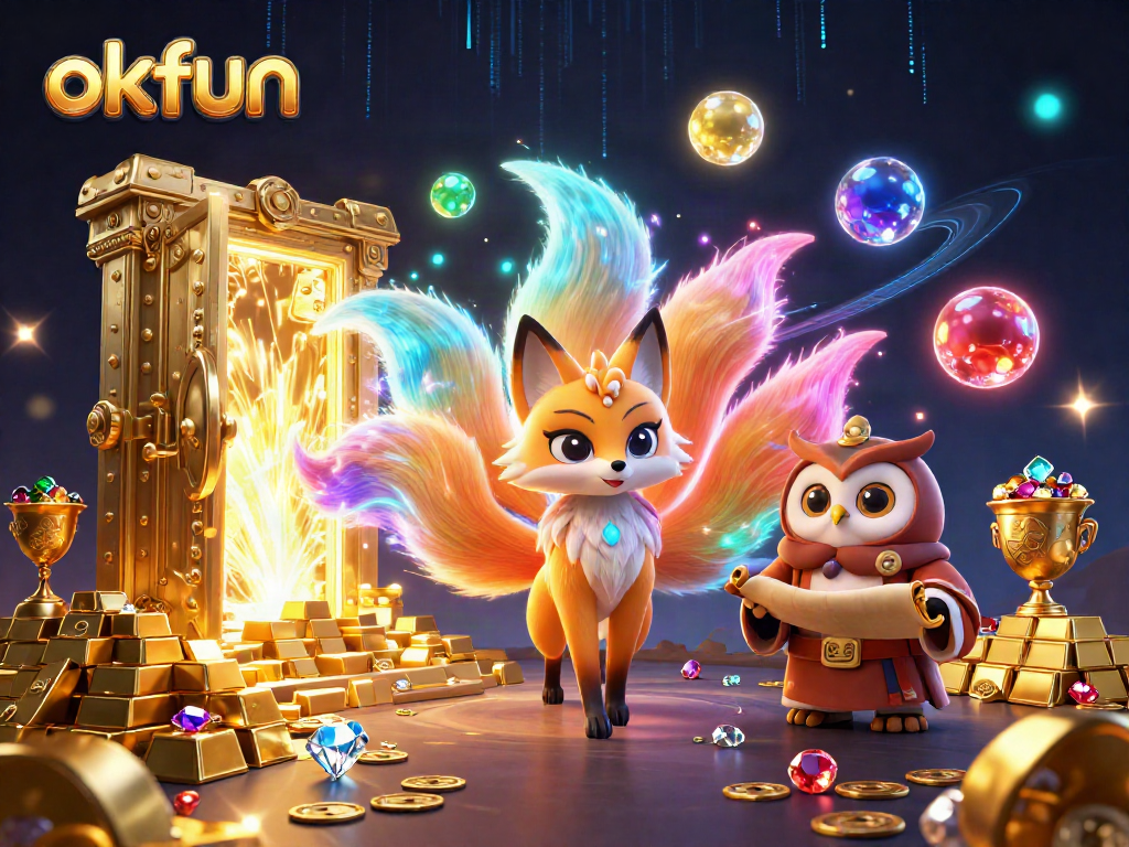 Engage in thrilling casino fun with the okfun platform, showcasing vibrant characters and treasures.