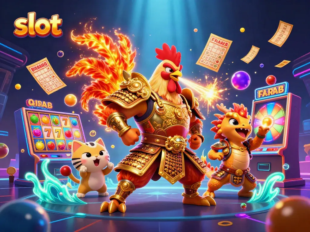Watch vibrant slot reels spin with dynamic characters in a lively casino illustration.