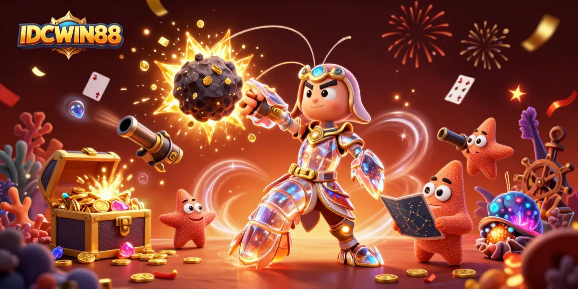 Experience gaming excitement at IDCWIN88 with a vibrant illustration showcasing gold coins, gems, and star-inspired characters.