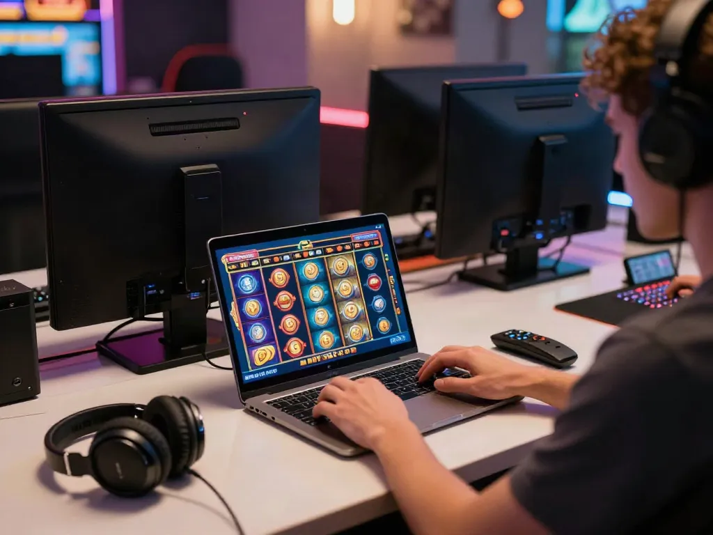 Engaged player enjoying slot games on a sleek laptop in a modern gaming environment.