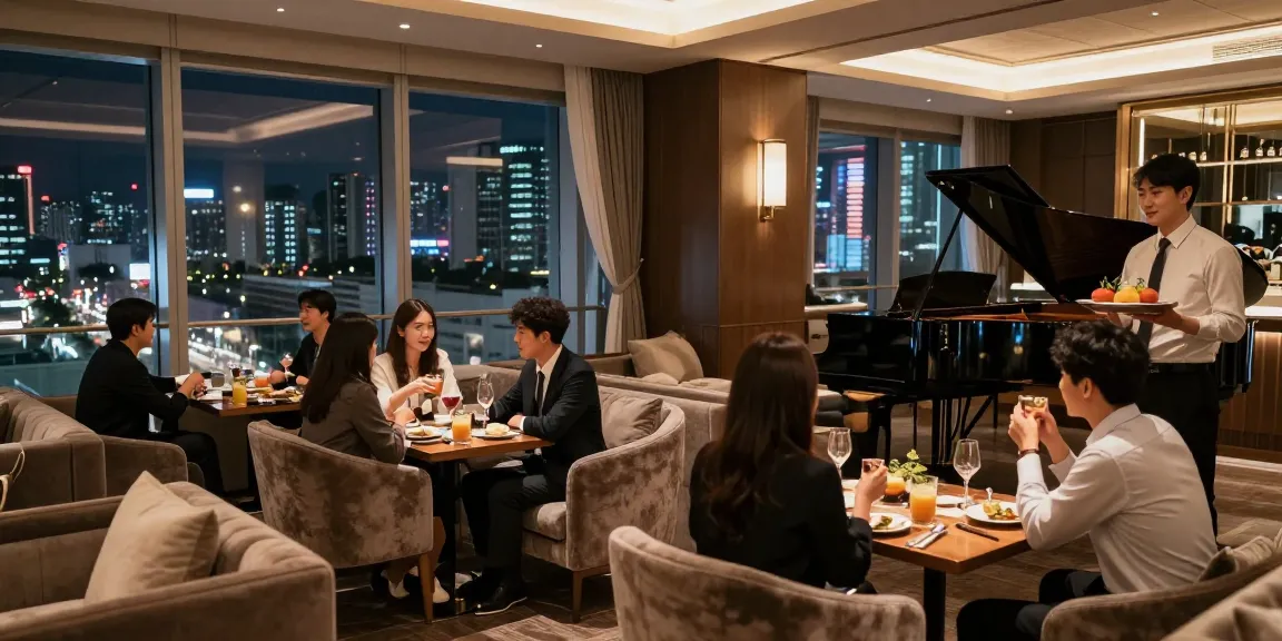 강남 구구단 쩜오의 고급스러운 라운지에서 즐거운 대화와 음료를 나누는 모습