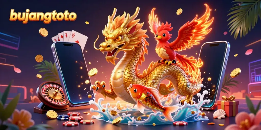 Bujangtoto showcases a fierce dragon and a lucky koi fish amid vibrant casino games.