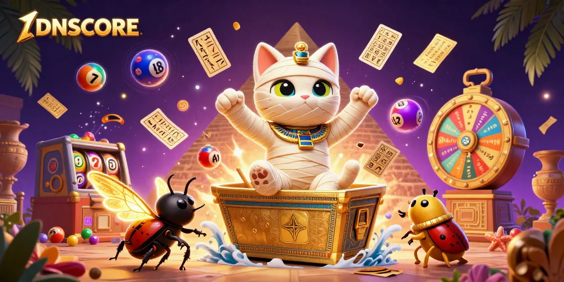 IDNSCORE platform showcasing an Egyptian mummy cat and gaming excitement in a vibrant casino scene