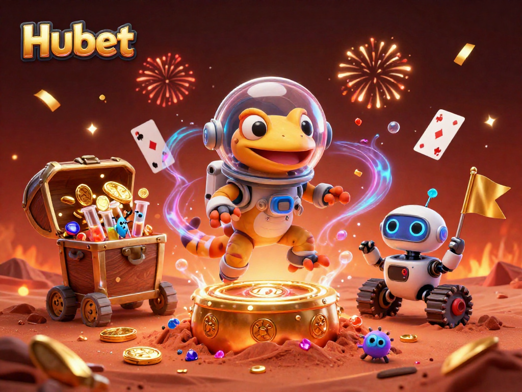 Join the vibrant action at Hubet's golden casino adventure with our Martian gecko and robot sidekick!