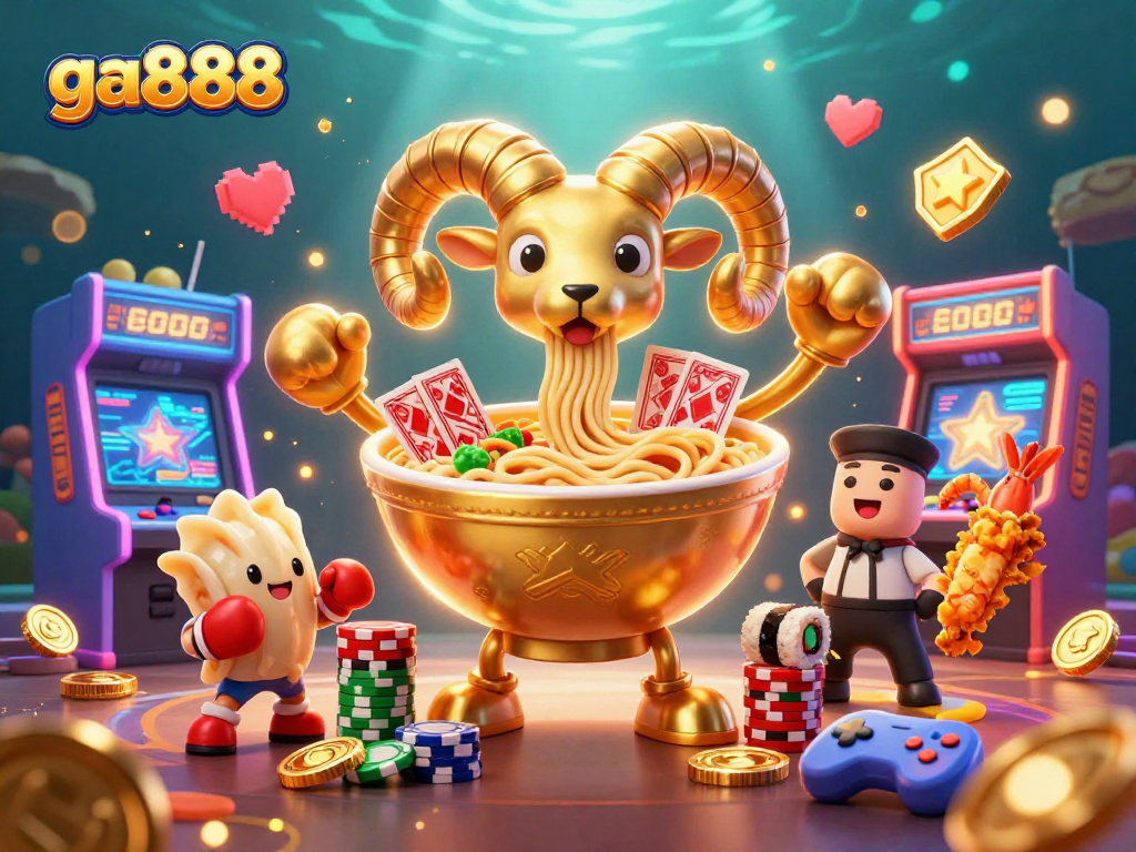 Engage with ga888's vibrant casino-themed art featuring 3D ramen bowl characters and dynamic gaming elements.