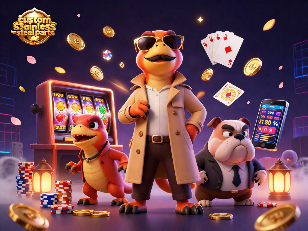 Spin the slots for custom stainless steel parts in this vibrant casino scene with playful raptors.