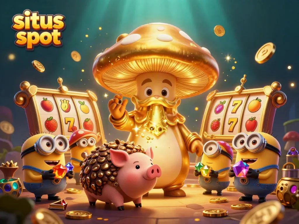 Ilustrasi 3D situs slot dengan karakter menarik dan simbol permainan kasino yang dinamis.
