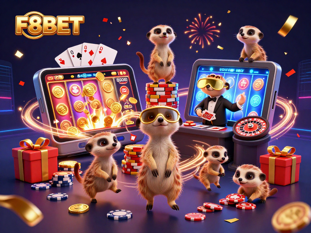 F8BET invigorates playful gambling with meerkats in a vibrant casino scene.
