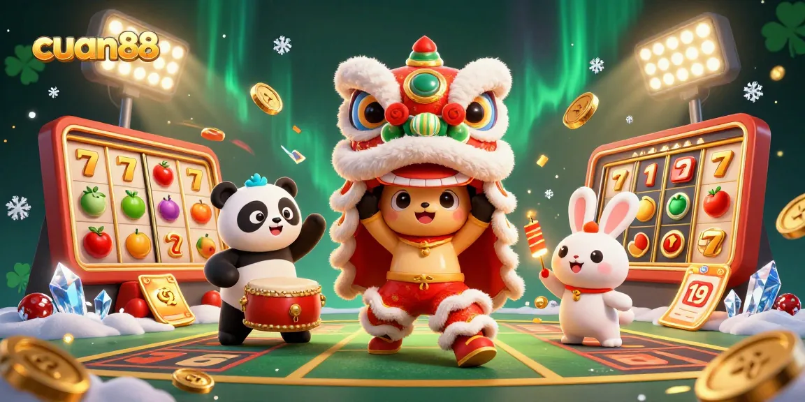 Cuan88 merayakan kebahagiaan dengan karakter tarian singa, panda dan kelinci, dalam suasana kasino yang meriah.