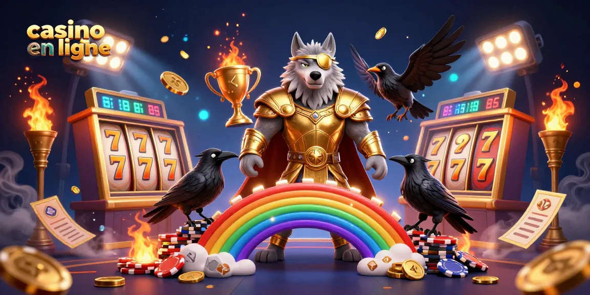 Explorez le casino en ligne avec des machines à sous animées, un loup Odin et deux corbeaux dans une scène dynamique.