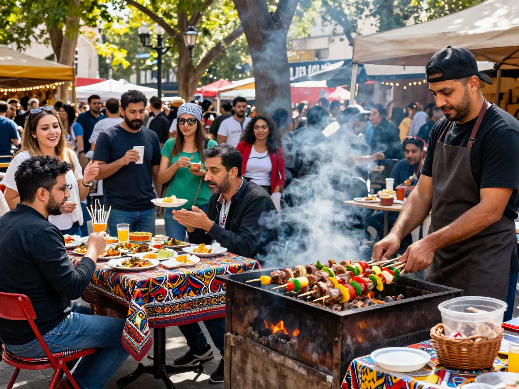 Visitors enjoying kebuntoto street food festival with sizzling kebabs and vibrant atmosphere.