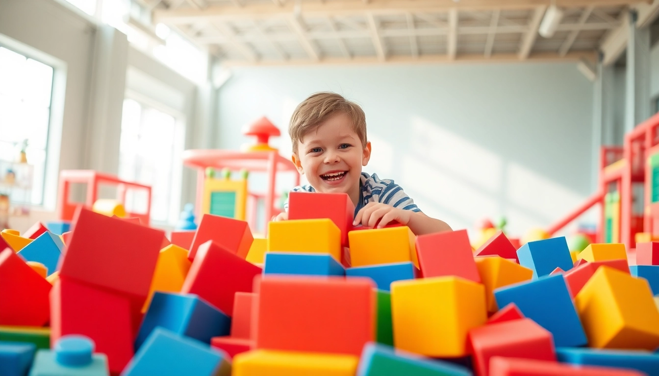 Kids find out more about creative play with giant foam building blocks in a vibrant indoor setting.