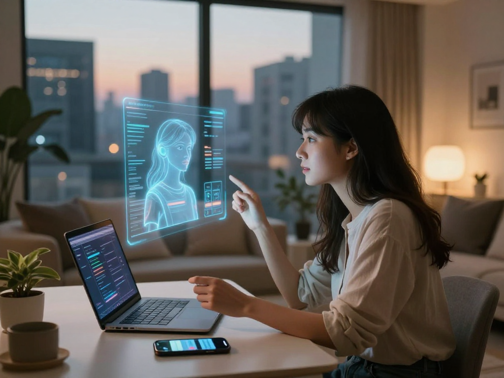 AI girlfriend hologram conversation in a cozy urban apartment setting.
