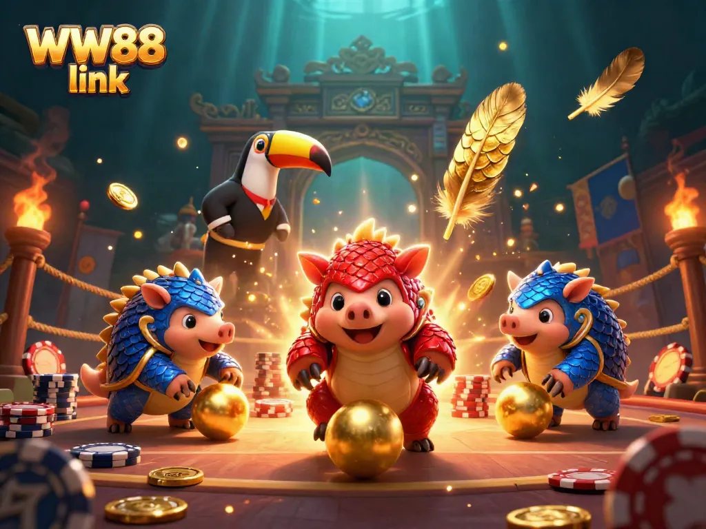 Experience thrilling gameplay with the WW88 link as rival pangolins roll through poker chips in a festive casino setting.