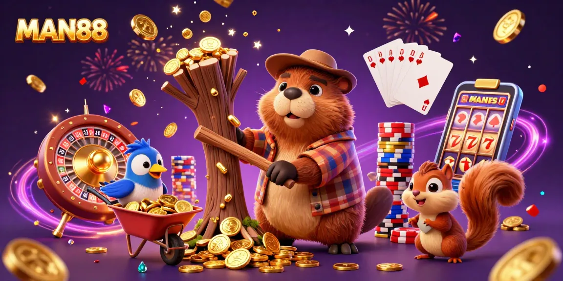 Experience the excitement at MAN88 as cartoon characters celebrate with golden coins and dazzling games.
