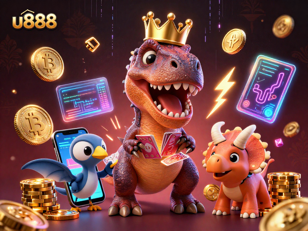 Engage in thrilling gameplay at u888 featuring a T-Rex shuffling cards and crypto elements.