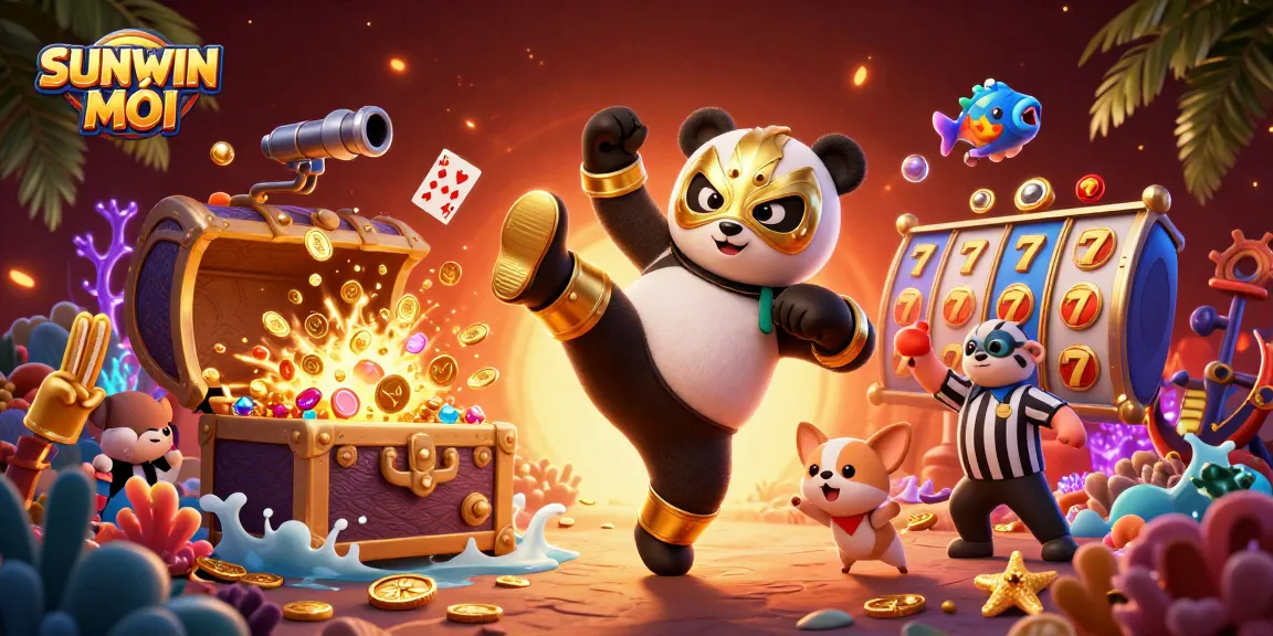 SUNWIN MỚI showcases a vibrant casino scene featuring a luchador panda and a referee chihuahua in action.