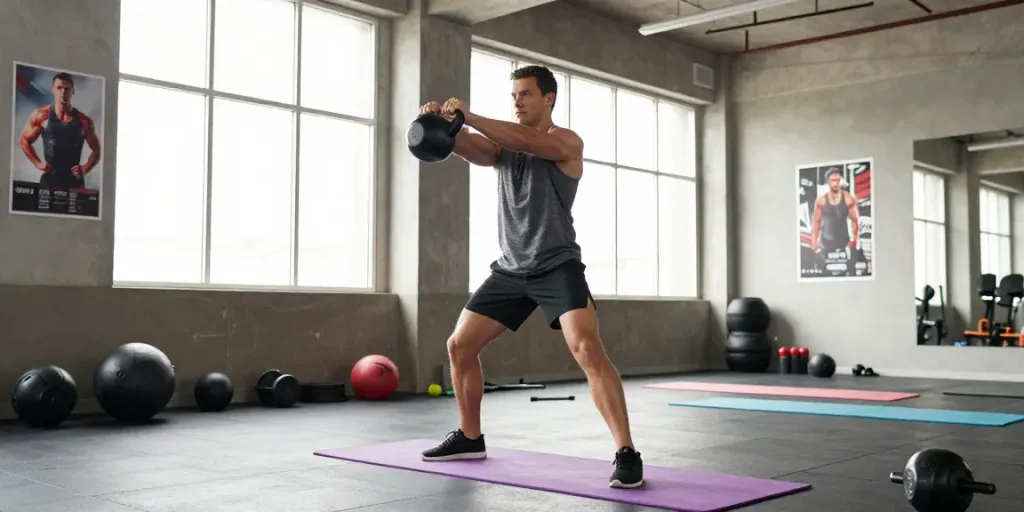 BPC 157 TB500 benefits demonstrated by an athlete performing kettlebell swings in a bright gym.