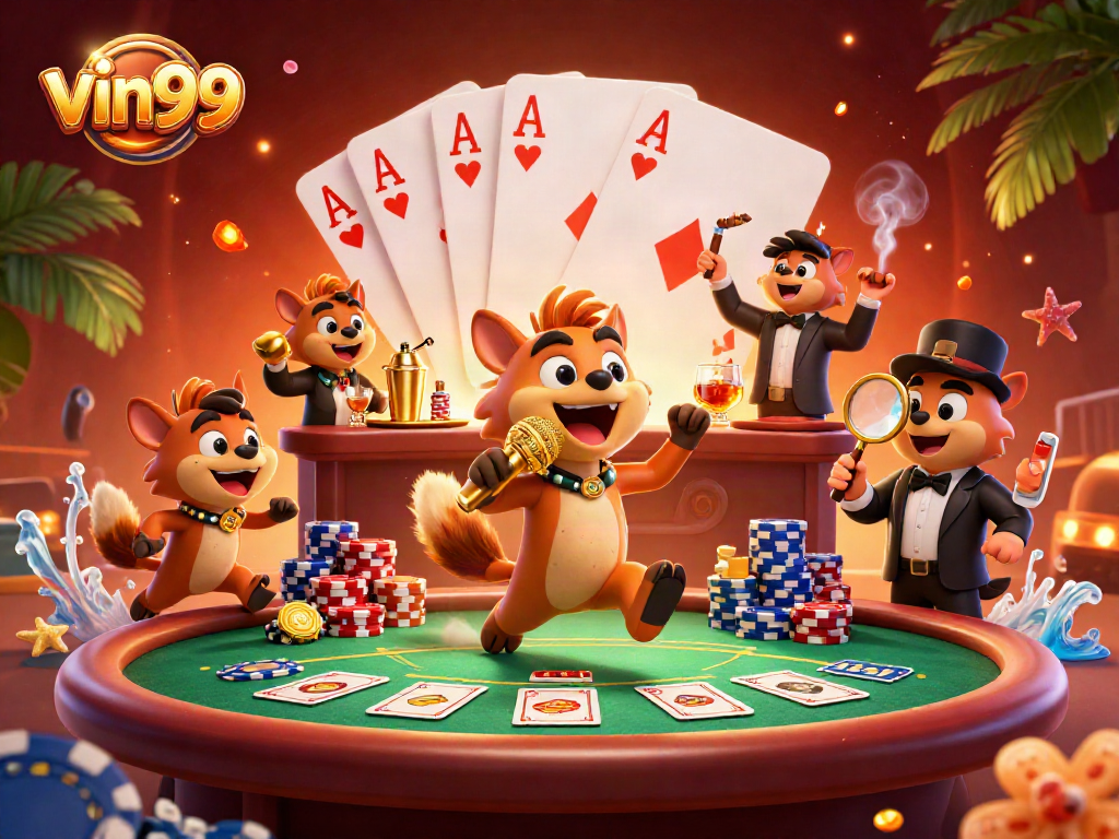 Experience vibration and excitement at vin99 casino club with vibrant hyena characters and gaming elements.