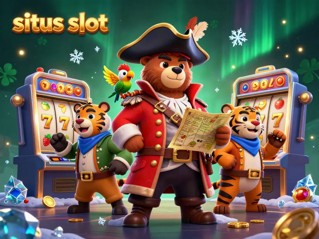 Menggambarkan situs slot dalam permainan menarik dengan karakter beruang kapten bajak laut dan harimau di tengah kemewahan kasino