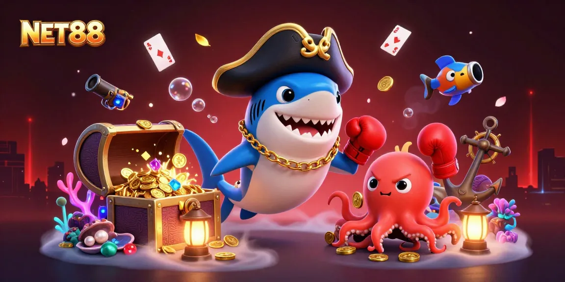 Net88 captures thrilling underwater casino adventure with cartoon characters and rich treasure elements.