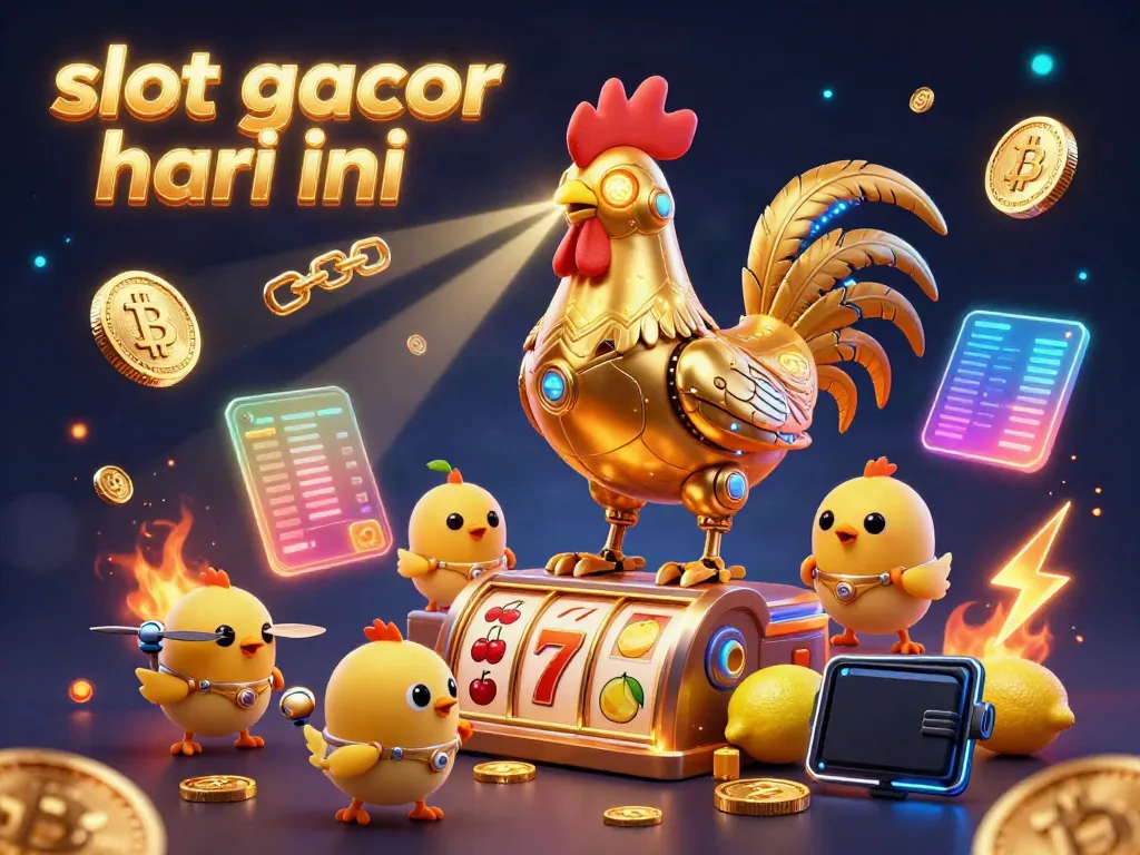Immerse into the fun of slot gacor hari ini, with a dynamic 3D illustration of a golden rooster robot amidst vibrant casino elements.