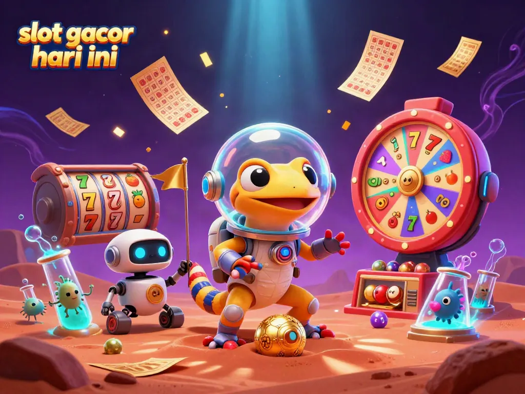 Experience slot gacor hari ini excitement with a Martian gecko exploring a golden casino in an alien setting.