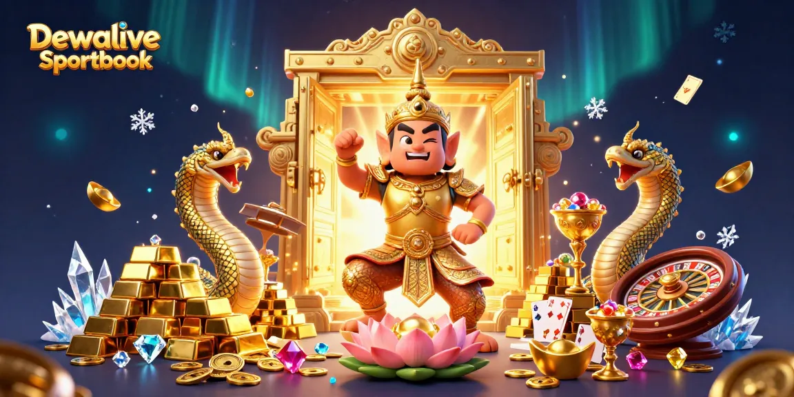Dewalive Sportbook showcases a dynamic 3D scene with guardian and gambling elements highlighting casino excitement.