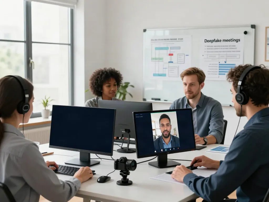 Deepfake free meetings showcased in a modern virtual workspace with diverse professionals engaged in discussion.