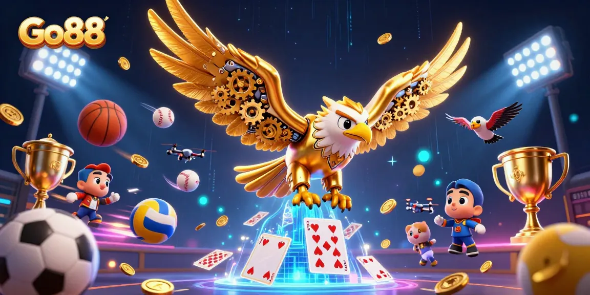 Elevate your betting experience with Go88's animated illustration showcasing epic gaming elements and vibrant energy.