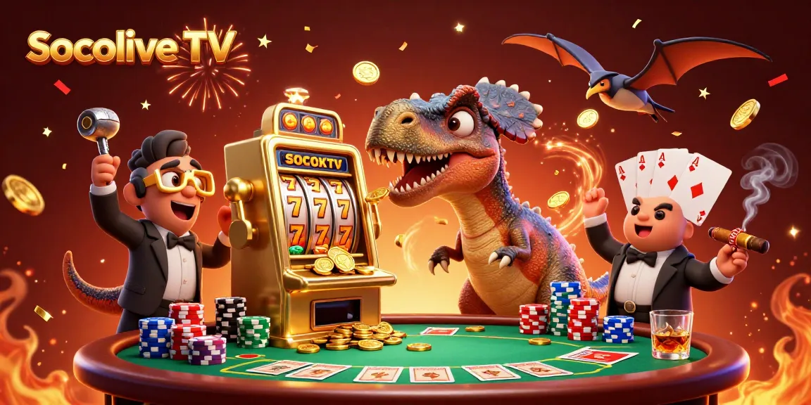 Socolive TV showcases a thrilling casino scene with a dinosaur winning at slots amidst flying coins and poker elements.