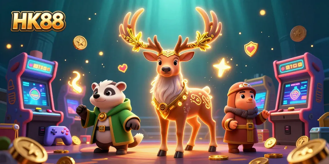 Engage with HK88's vibrant gaming atmosphere featuring colorful characters and casino elements