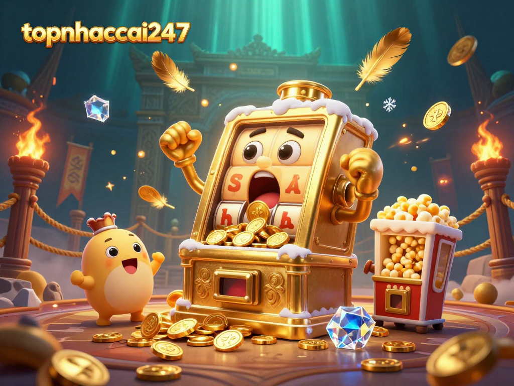 Engage in thrilling coin flipping action with topnhacai247's vibrant casino scene full of gold and excitement.