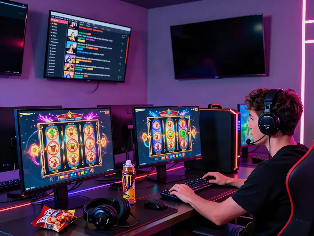 Gamer fokus bermain slot777 online dengan antrean berwarna-warni dan aksesoris gaming.