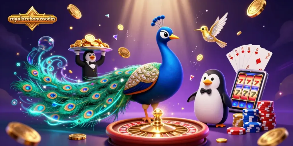 Win big with royalacebonuscodes while exploring a colorful casino adventure with peacocks and penguins.