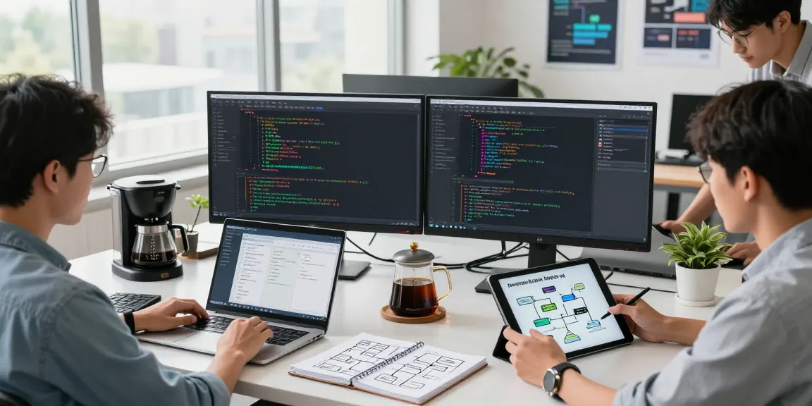 Build internal tools with AI in a vibrant collaborative workspace with developers coding and sharing ideas.