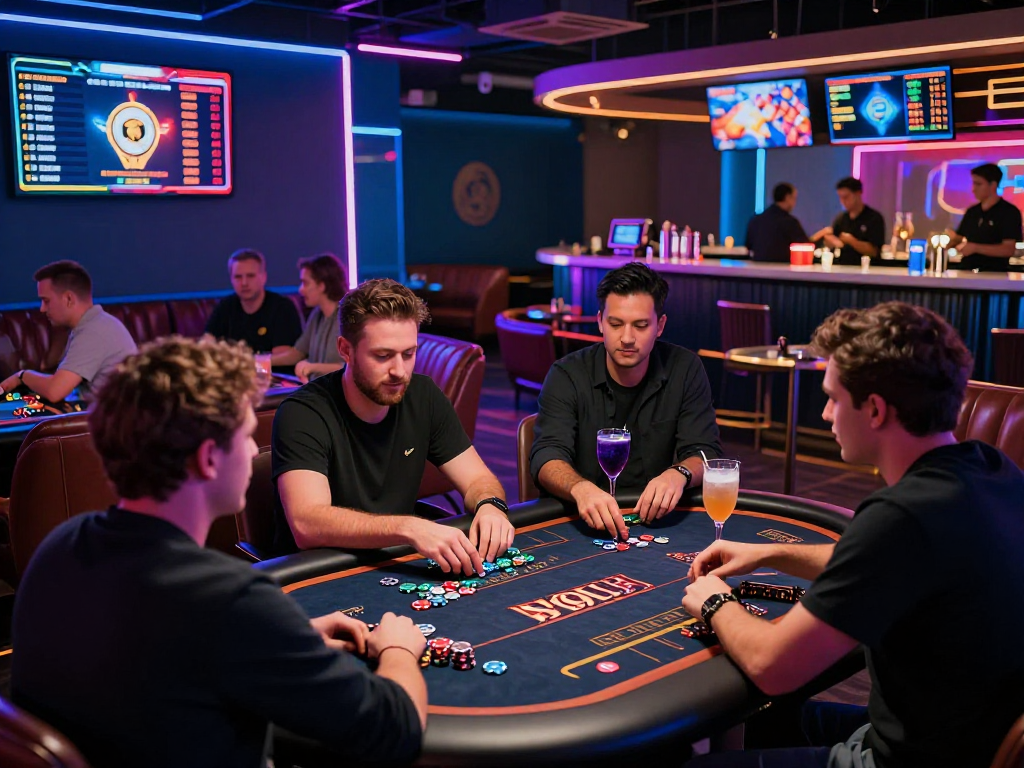 Exciting crypto casino atmosphere with players at gaming tables and digital screens